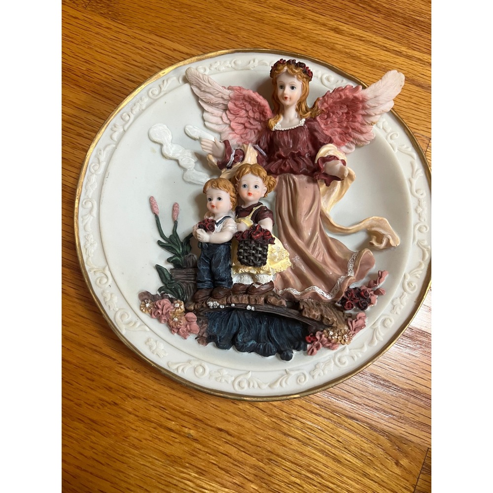Vintage Cherubic Angel Guardian with Children 3D Wall Plate Decorative Art